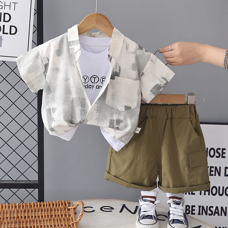 Boys' clothing for ages 1-4, 3-year-old children's wear, 2-year-old baby set, summer letter-print shirt short-sleeve three-piece trendy outfit