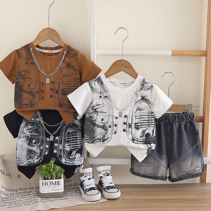 Boys' Outfit 2026 New Style Toddler Baby Summer Casual Vest Short Sleeve Stylish Two-Piece Children's Clothing