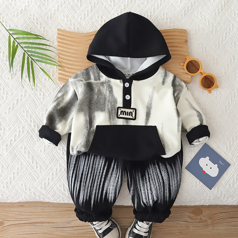 Boys' Autumn Outfit, New Spring Style for Baby Boys, Casual and Stylish Tie-Dye Hoodie Two-Piece Set