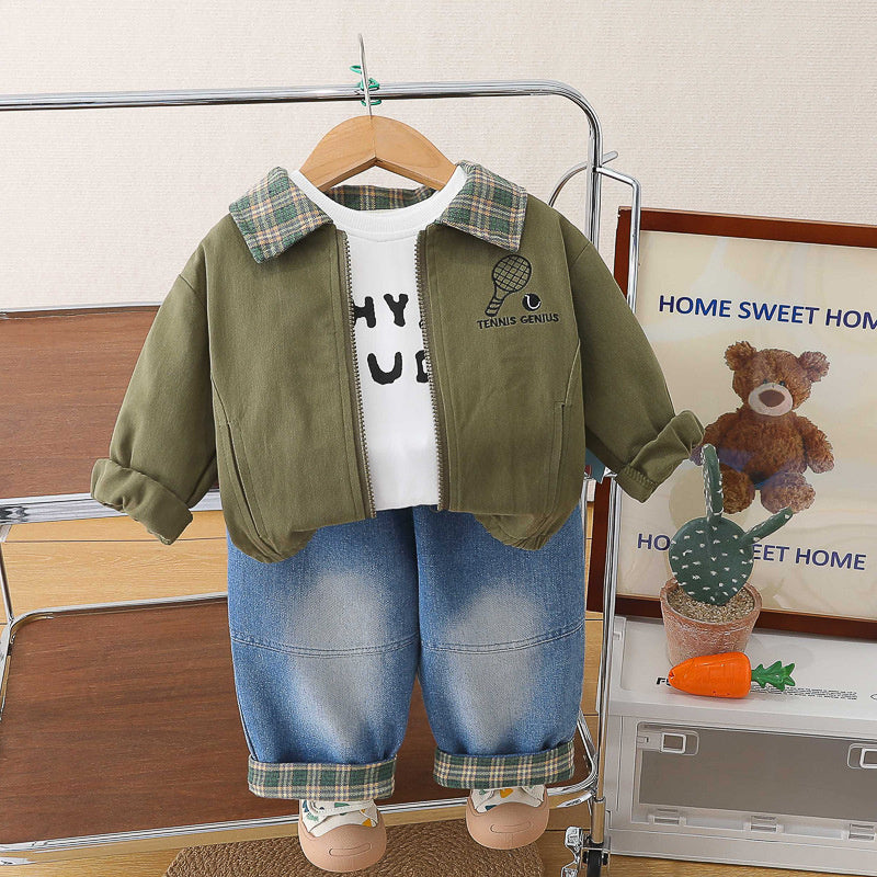 Boys' children's clothing spring autumn outfit 2026 new stylish casual toddler three-piece set with turn-down collar and long sleeves