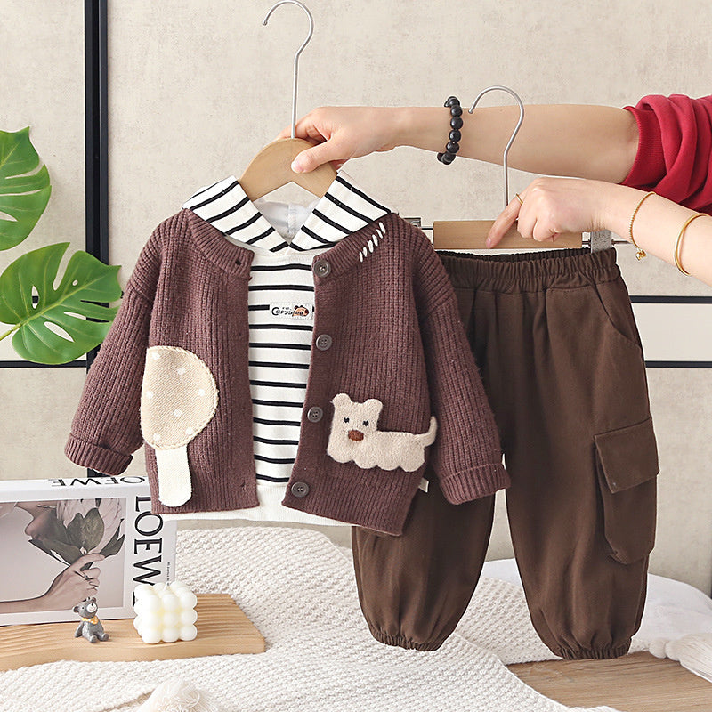 Boys' Outfit 2026 New Fashionable Patchwork Puppy Long Sleeve Sweater Three-Piece Set Baby, Stylish and Trendy for Spring