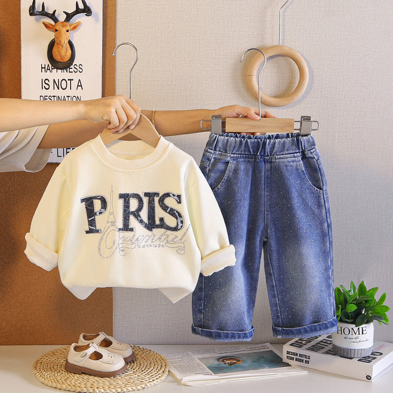 Girls' Spring and Outfit 2026 New Fashionable Baby Girl Autumn Clothing Korean Style Letter Sweatshirt Two-Piece Cartoon Trendy Set