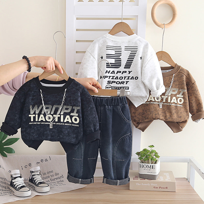 Baby Autumn Sweatshirt 2026 New Model Boys' Spring Long-Sleeve Letter Necklace Two-Piece Set for 1-3 Year Olds and 5-Year-Olds