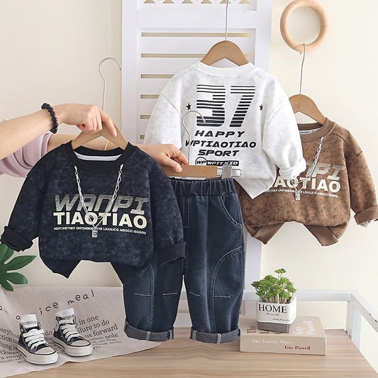 Baby Autumn Sweatshirt 2026 New Model Boys' Spring Long-Sleeve Letter Necklace Two-Piece Set for 1-3 Year Olds and 5-Year-Olds