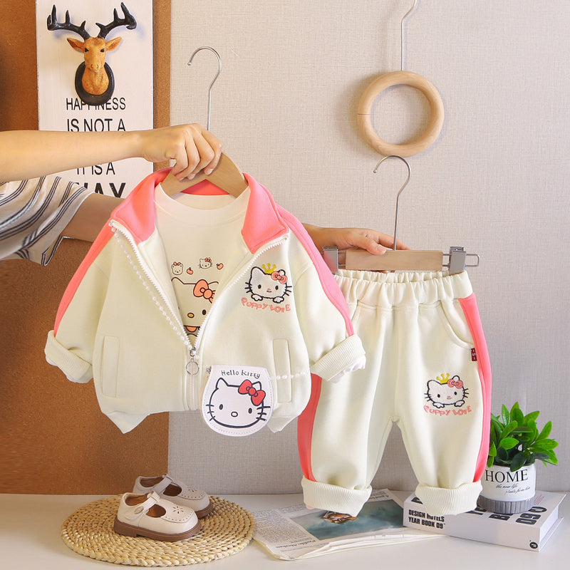 Girls' Outfit 2026 New Fashionable Children's Clothing Baby Spring and Autumn Kitten Patchwork Three-Piece Set Infant