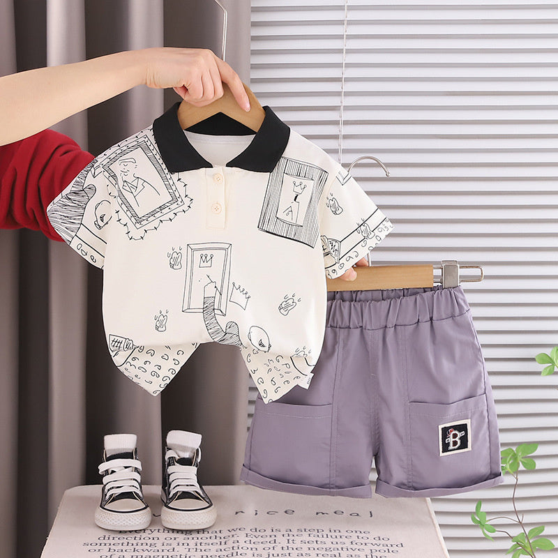 Boys' Outfit 2026 New Style Children's Summer Casual Lapel Graffiti Short Sleeve Two-Piece Set for Boys