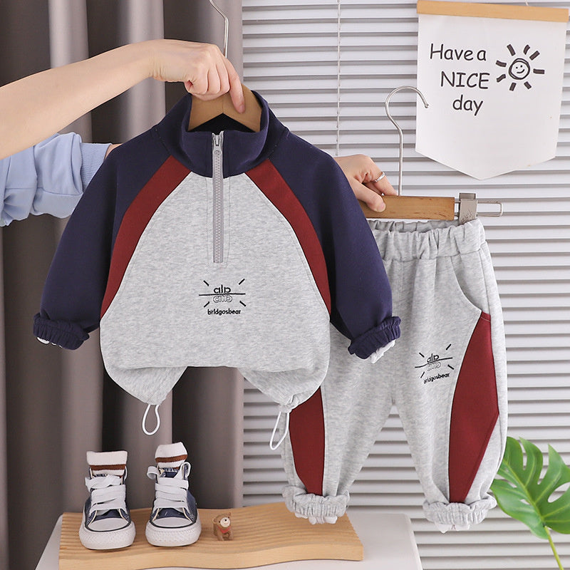 Boys' Patchwork Half-Zip Sweatshirt Set, Stylish New Spring Autumn Two-Piece Outfit for Toddlers and Children