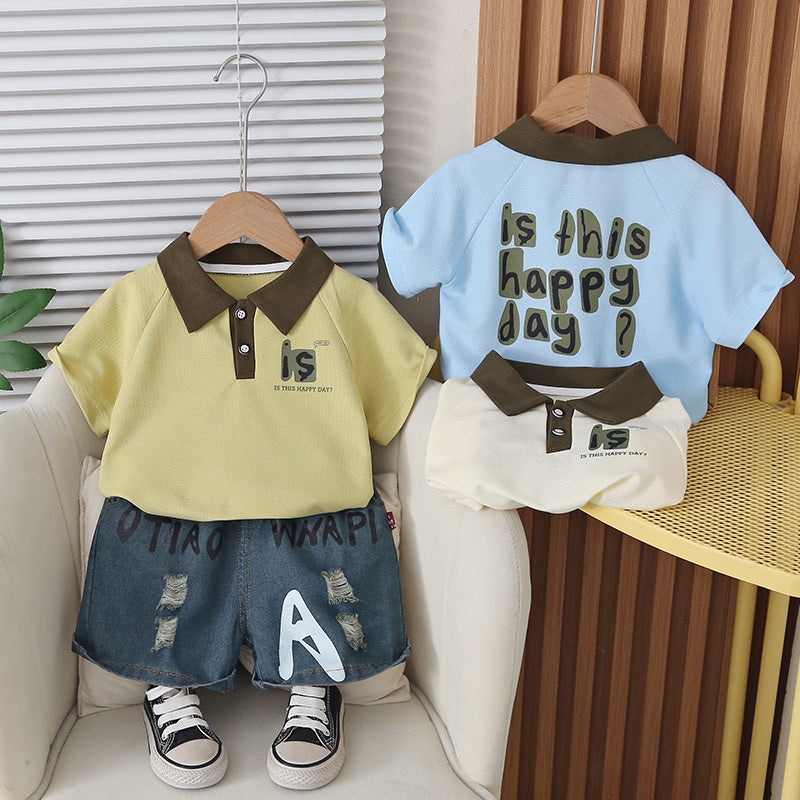 Boys' Outfit 2026 New Cool and Stylish Children's Summer Clothes Baby Letter Print Turn-down Collar Short Sleeve Two-piece Set Trendy