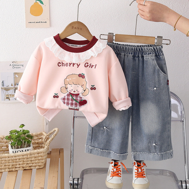 Baby clothes spring, cute sweet lace sweatshirt two-piece set for 10-month to 1-year-old little girls, spring and autumn outfit
