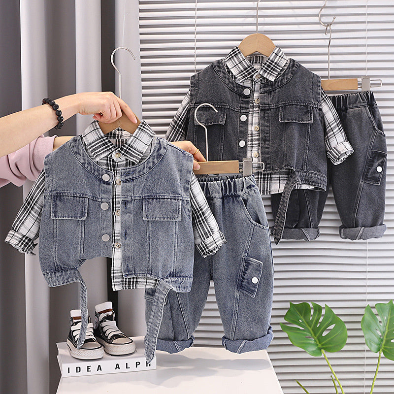 Boys' and Autumn Outfit 2026 New Fashionable Children's Spring Clothing Baby Trendy Denim Vest Three-Piece Set