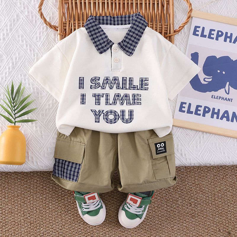 Boys' Summer Outfit 2026 New Style 1-2-3 Years Old, Stylish Plaid Patchwork Short Sleeve and Shorts Two-Piece Set for 4-Year-Olds
