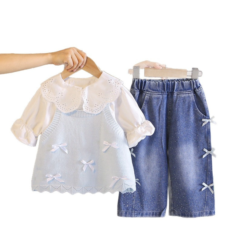 Girls' Autumn Outfit 2026 New Fashionable Stylish Children's Clothing Baby Bow Sweater Three-Piece Casual Set