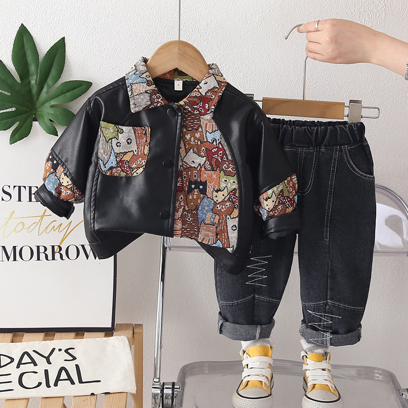 Boys' Casual Outfit 2026 New Spring and Autumn Baby Children's Patchwork Cartoon Leather Jacket Two-Piece Set Trendy