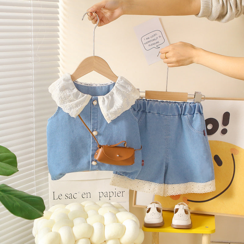 Baby Girl Outfit 2026 New Fashionable Children's Clothing Doll Collar Sleeveless Denim Two-Piece Set for Summer