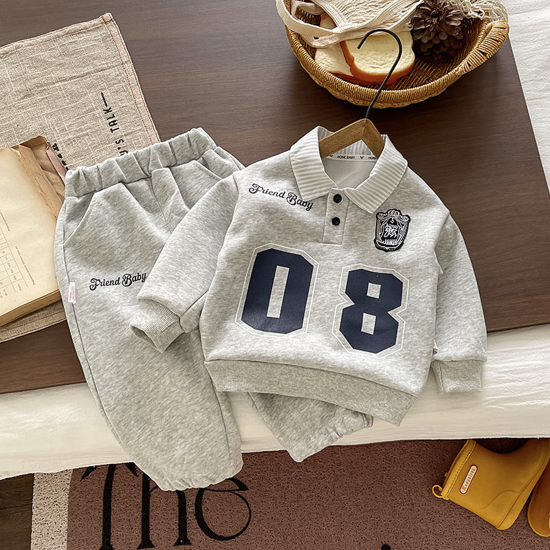 Baby boy's stylish outfit, front-button shirt set, fashionable spring autumn sports sweatshirt two-piece set for infants and children, 2026 new model