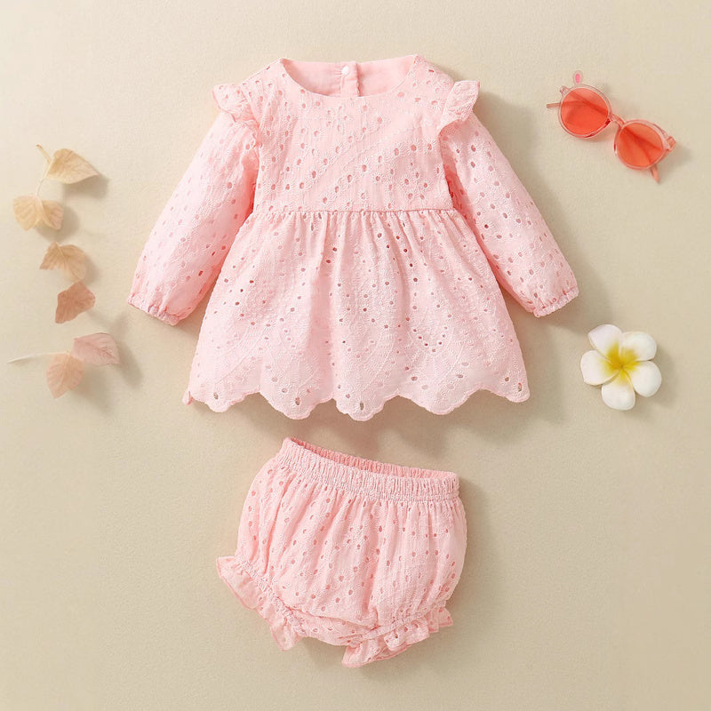 Popular pure infant toddler long-sleeve dress with cotton trim and dyed details + shorts two-piece set, lightweight style