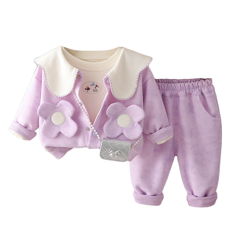 Baby girl autumn outfit set, Korean style fashionable outing clothes, baby floral pocket bag clothing, trendy three-piece set for girls
