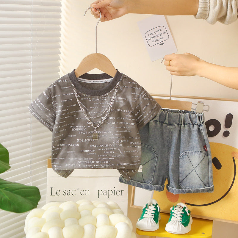 Boys' Sports Suit Children's Small Letter Print Short Sleeve 2026 New Style Clothes for 1-2-3 Year Old Babies Summer Fashion Outfit