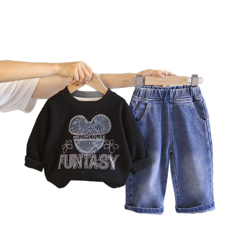Girls' Autumn Cartoon Outfit 2026 Spring/Autumn New Casual Cat Head Sweatshirt Two-Piece Set Children's Baby Clothes