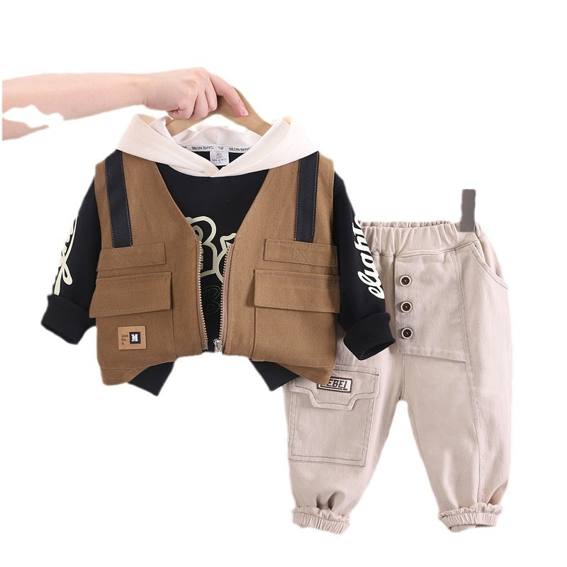 Children's Clothing Boys' 2023 Baby Boy Stylish Autumn Outfit Korean Version Street Style Fake Strap Vest Three-Piece Set