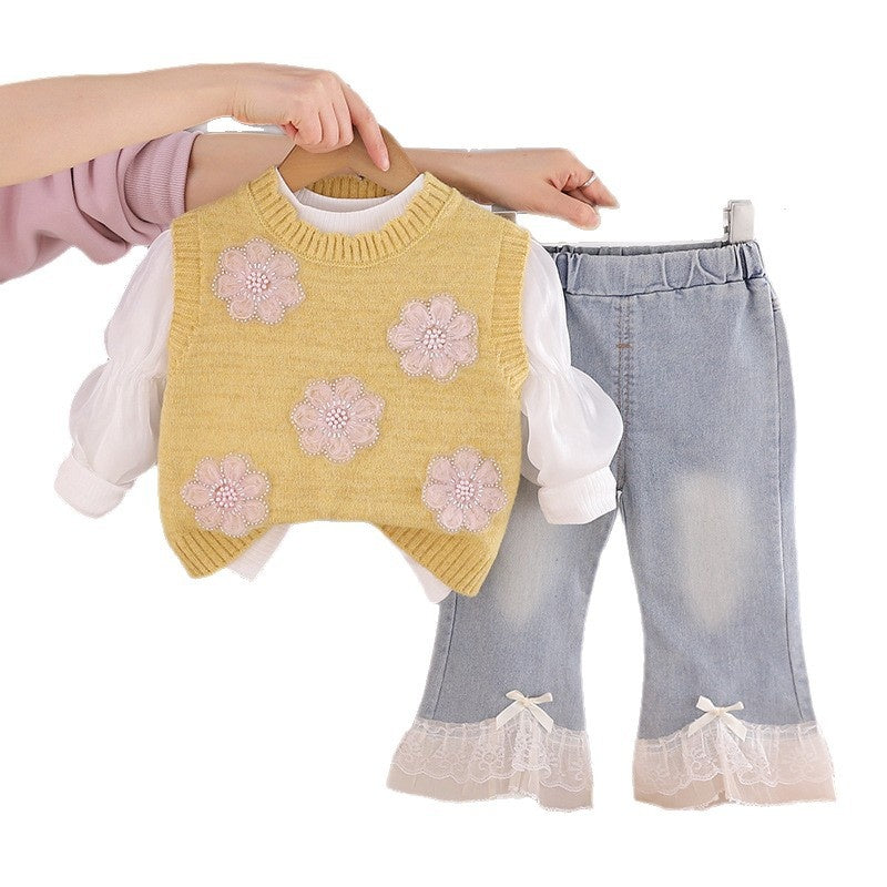 Girls' and Autumn Outfit 2026 New Style Baby Girl Fashionable Sweet Floral Children's Spring Sweater Three-Piece Set Trendy