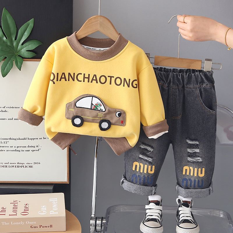 Boys' Spring Outfit: Stylish and Fashionable Cartoon 3D Car Two-Piece Set, Handsome Toddler Casual Baby Clothes