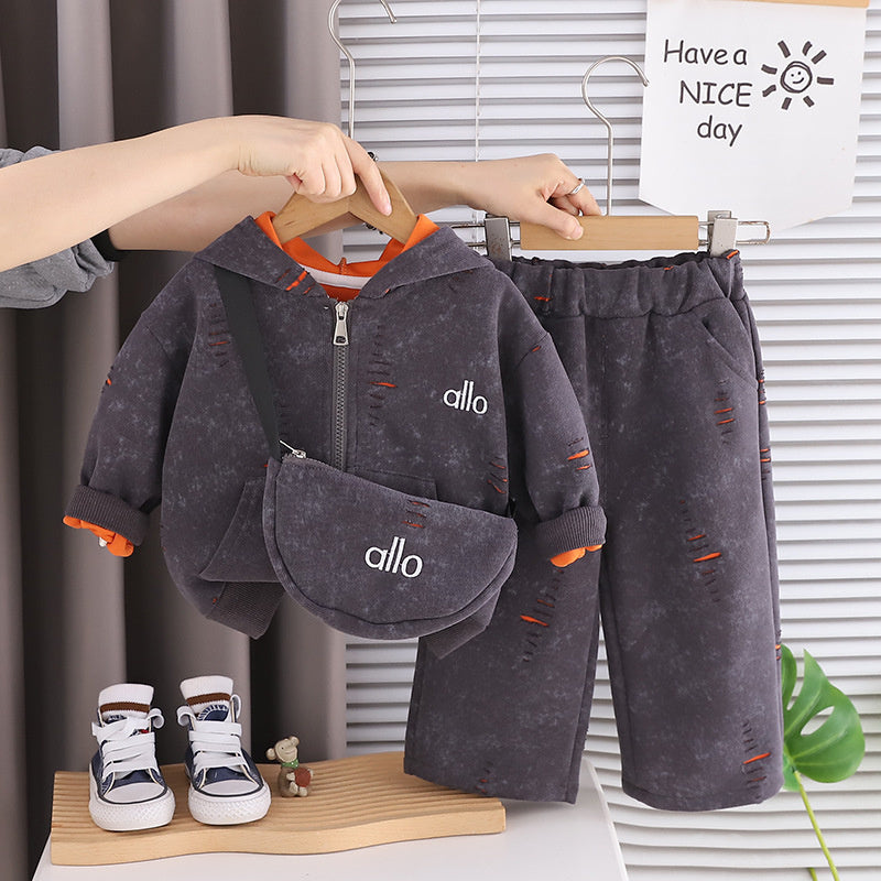 Boys' Outfit: Stylish Fashionable Hooded Jacket with Crossbody Bag and Straight Pants Two-Piece Set for Baby Boys in Spring