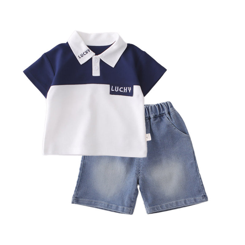 Boys' Summer Outfit: Stylish Color-Block Embroidered Collar Short-Sleeve Clothes, 2026 New Fashionable Baby Children's Two-Piece Set