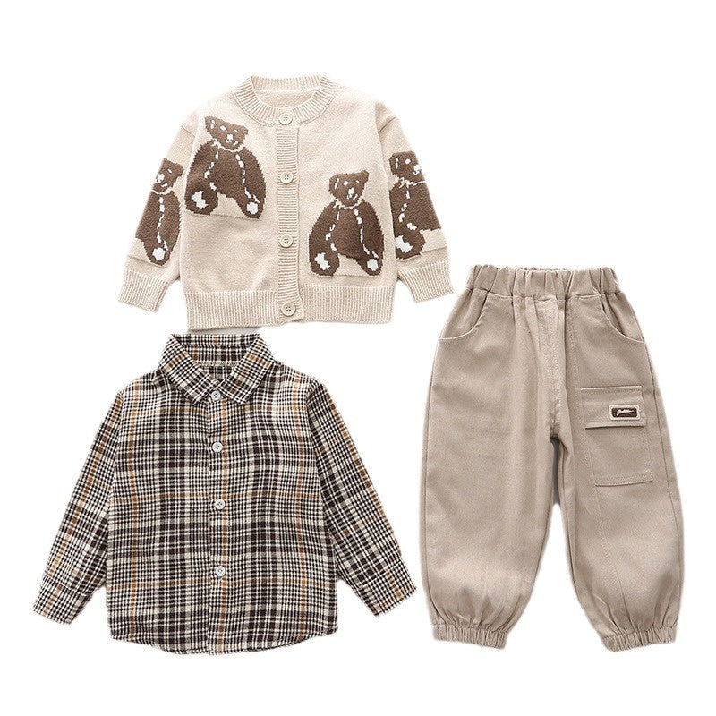 Baby Spring Outfit Stylish 1-4 Years Old Boys Bear Long Sleeve Sweater Three-Piece Set Infant Children's Clothing