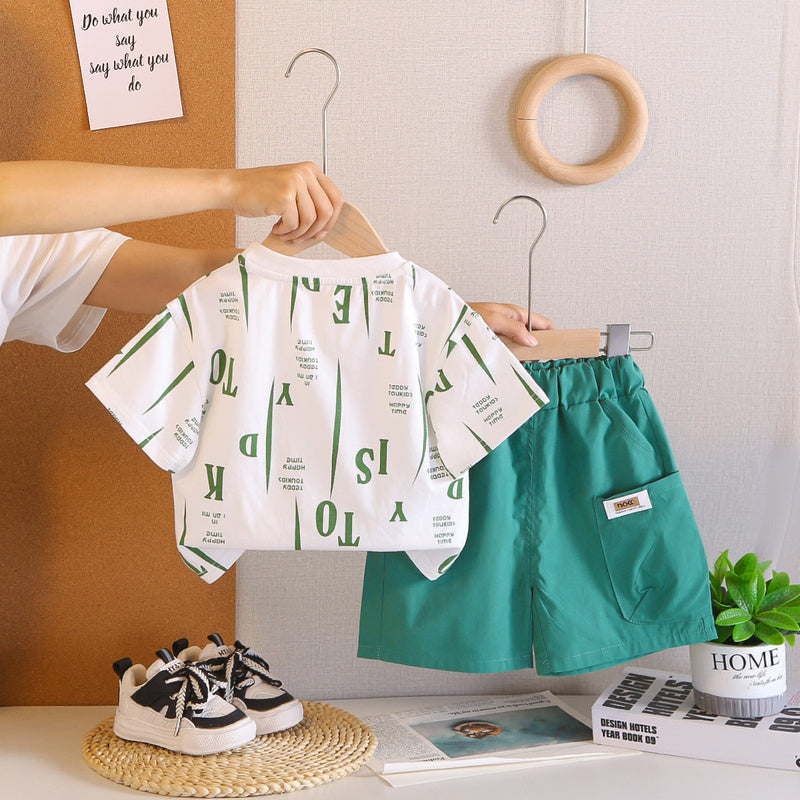 Boys' Outfit 2026 New Style Children's Casual Clothes Summer Wear Red Hat Bear Short Sleeve Two-Piece Set Trendy