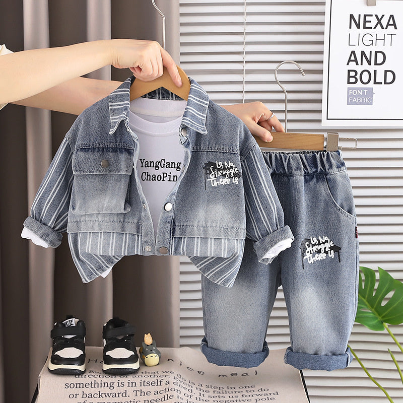 Boys' Spring and Autumn Casual Outfit 2026 New Style Baby Fall 1-3-5 Years Old Vertical Stripe Patchwork Denim Three-Piece Set Trendy