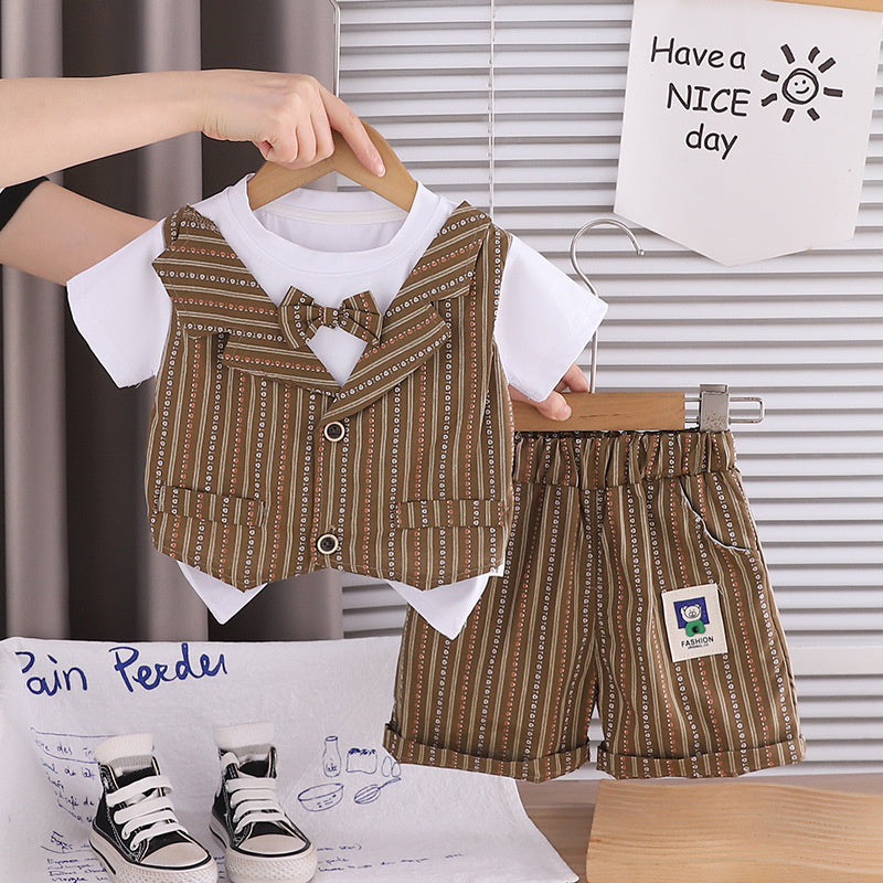 Boys' Summer Stylish Vertical Stripe Fake Three-Piece Short Sleeve Set 2026 New Trendy Thin Baby Clothes for Children