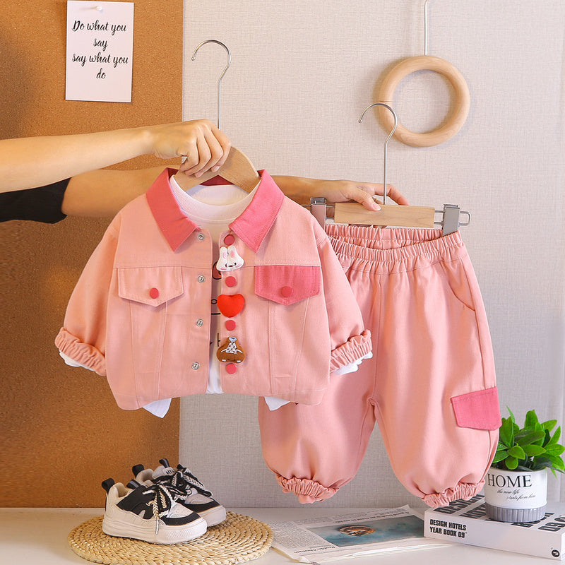 2026 New Spring Autumn Girls' Fashionable and Cute Workwear Jacket Long Sleeve Three-Piece Set for 0-5 Year Olds, Trendy from Manufacturer 3