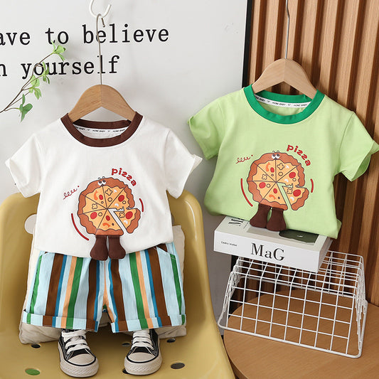 Children's Summer Outfit 2026 New Style Boys' Stylish Thin Cartoon Short-Sleeve Baby Casual Rainbow Pants Two-Piece Set