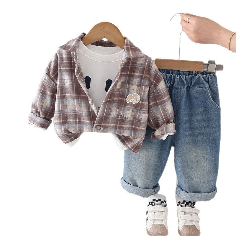 Boys' Outfit 2026 New Children's Casual Plaid Shirt Three-Piece Set for Boys, Trendy Cool Spring and Autumn Wear