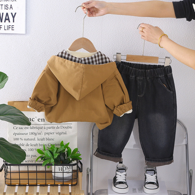 Boys' Outfit 2026 New Fashionable Children's Spring and Autumn Stylish Casual Plaid Hooded Three-Piece Set