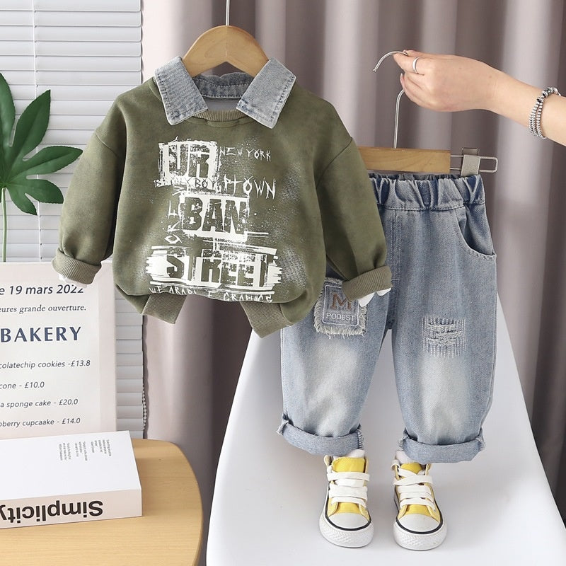 Baby boy spring outfit stylish children's clothing 2026 new style boys' letter sweatshirt two-piece set for one-year-old boys