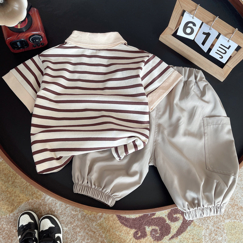 Baby Striped Placket Short Sleeve Two-Piece Infant Children's Clothing 2024 New Boys' Fashionable Summer Outfit Set