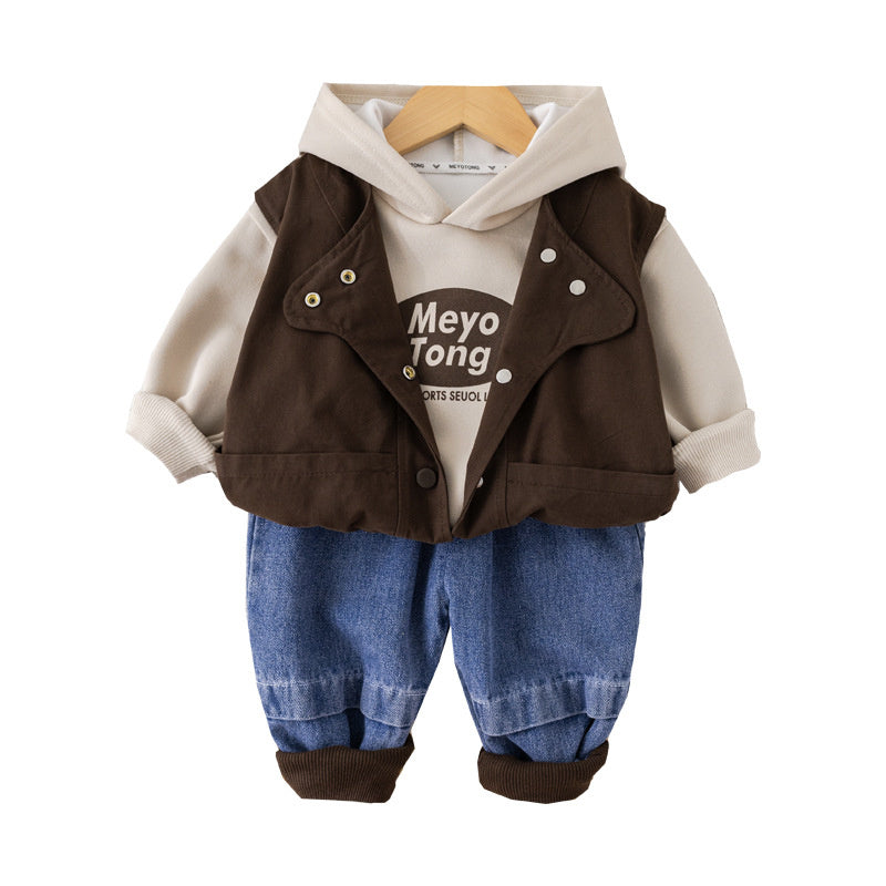 Children's Clothing Outfit Solid Color Letter Hooded Vest Three-Piece Set Spring Autumn Baby Boys Clothes Trendy