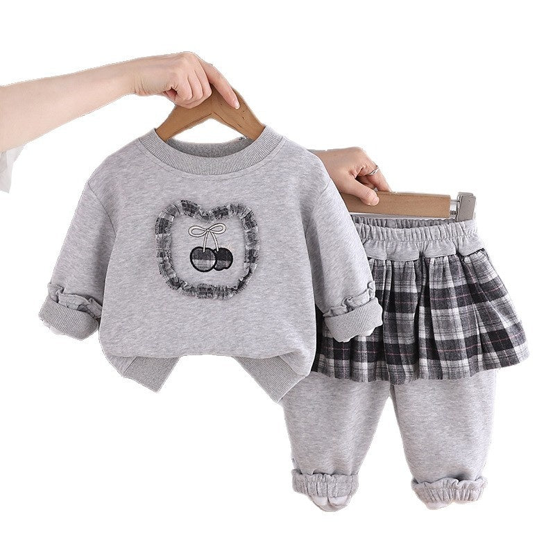 Baby Autumn Outfit Stylish Casual 1-5 Years Old Girl Cherry Sweatshirt Two-Piece Set Children's Clothing Spring