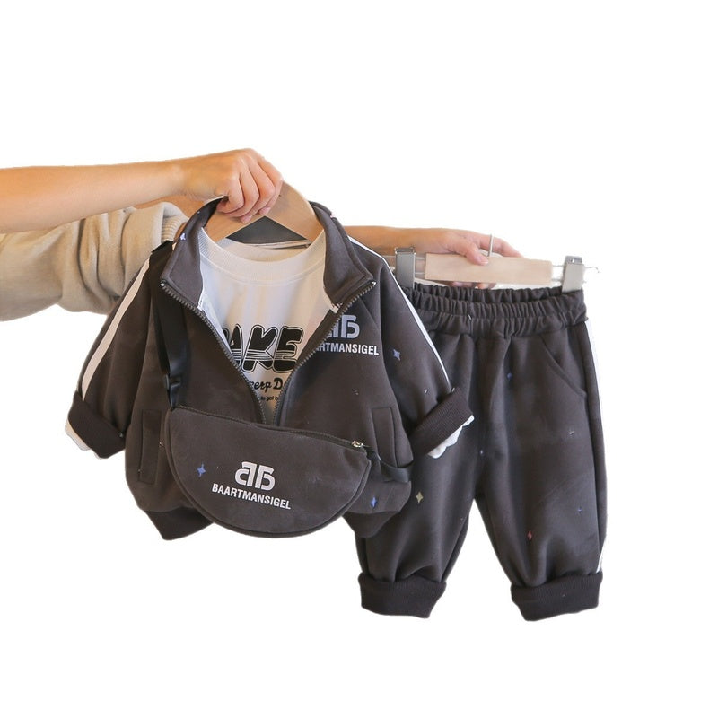New Spring Letter Print Zipper Three-Piece Set for Baby Boys, Infant and Toddler Long-Sleeve Casual Versatile Outfit, Trendy