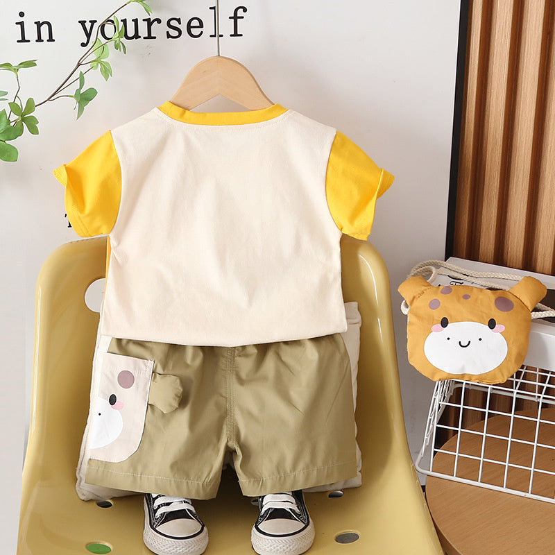 Children's Outfit Set 2026 New Style Boys' Cartoon Bag Short Sleeve Shorts Two-Piece Baby Clothes Summer Trendy
