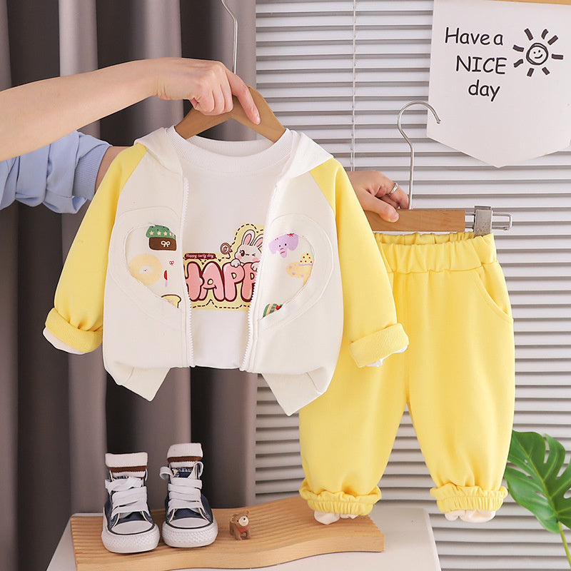 Girls' Outfit 2026 New Fashionable Children's Spring Autumn with Printed Hearts, Little Elephants, and Rabbits - Three-Piece Set