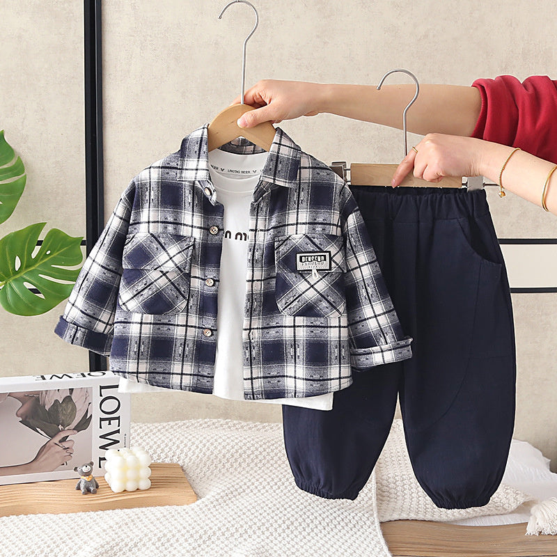 Boys' Outfit 2026 New Fashionable Children's Spring and Autumn Baby Stylish Casual Plaid Shirt Three-Piece Set