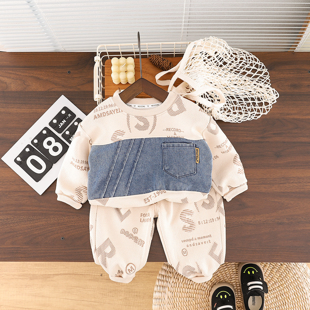Baby Jacquard Letter Denim Patchwork Sweatshirt 2026 New Model Boys' Spring and Autumn Outfit Set Two-Piece Children's Clothing