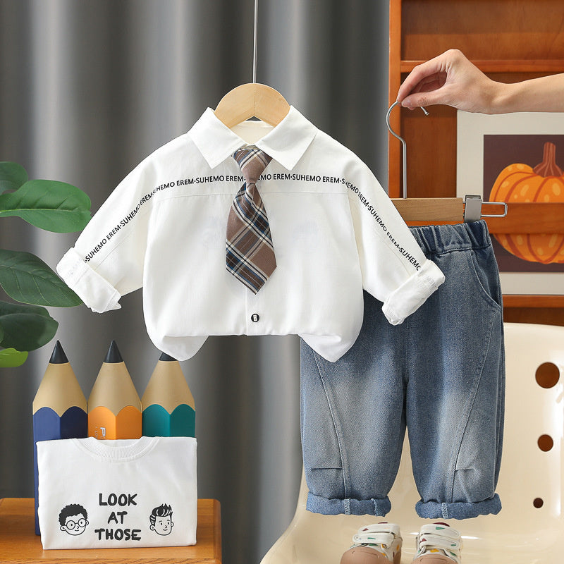 Boys' Spring and Autumn Suit 2026 New Fashionable Korean Style Casual Long Pants Tie Shirt Three-Piece Set Trendy