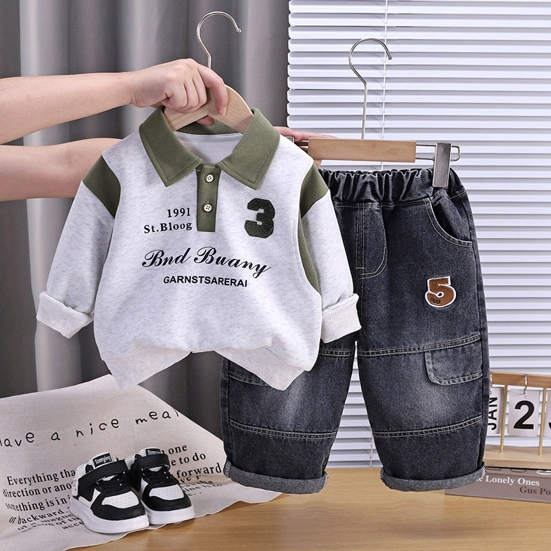 Boys' Outfit Turn-down Collar 2026 New Style Children's Two-piece Set with Contrasting Colors Fashionable Baby Spring and Autumn Trendy Clothing