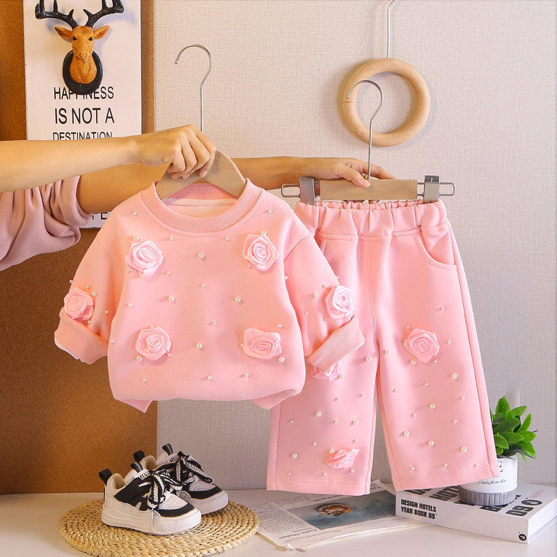 Girls' spring outfit set, stylish and fashionable, for 0-3 year old baby girls, beaded rose flower clothing, trendy children's clothes