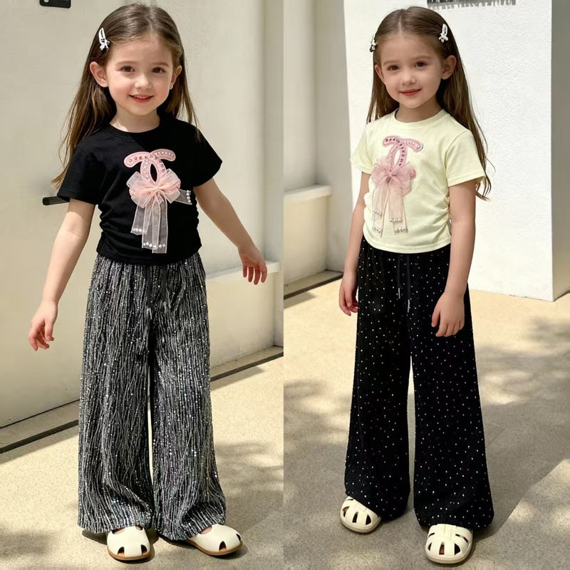 Girls' 2026 Summer New Outfit: Bowknot Short-Sleeve Two-Piece Set with Long Pants for Baby Girls, Children's Clothing