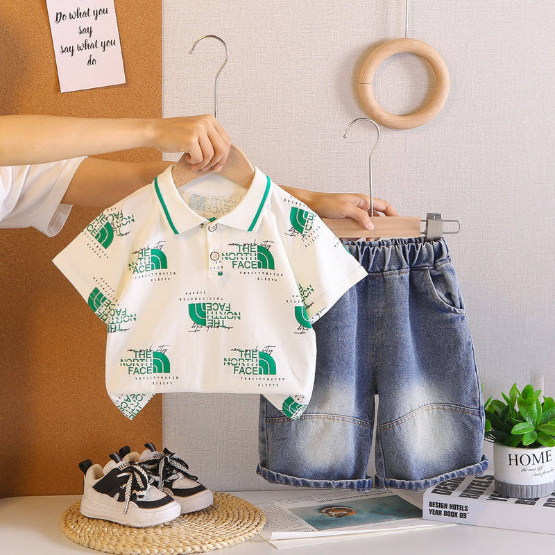 Boys' clothing, children's full-printed turn-down collar short-sleeve set, new stylish two-piece outfit for boys in summer
